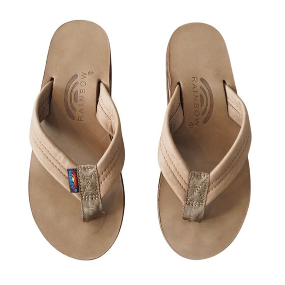 Rainbow Tan Flip Flops Double Layer Premier Leather Arch Support Sz W 5.5-6.5 - Picture 1 of 15